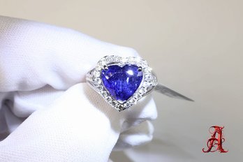 Platinum, Sapphire & Diamond Ring 6.36ctw, 10.6 Grams Natural Gemstone Jewelry Diamonds Heart