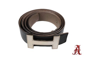 Hermes Leather Belt H Buckle Silver Black Reversible Brown