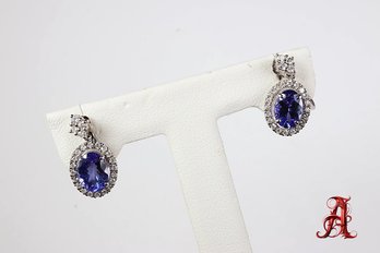 18k White Gold, Tanzanite & Diamond Earrings 1.92ctw, 3.03 Grams Natural Gemstone Screw Back Diamonds