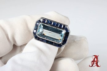 14k White Gold, Aquamarine & Sapphire Ring 10.87ctw, 7.5 Grams Gemstone Jewelry Natural