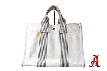 Hermes Canvas Herline MM Tote Light Grey Purse Handbag Authentic Bag