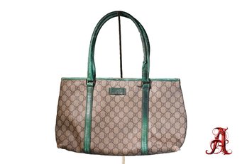 Authentic GUCCI Brown GG Canvas And Green Leather Tote Shoulder Bag Purse Handbag