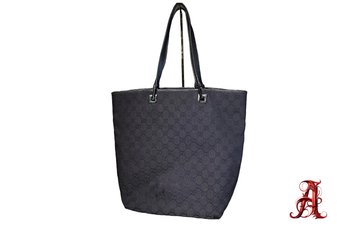 Gucci Tall Black Canvas Monogrammed Tote Handbag Purse Shoulder Bag