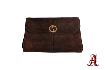 Gucci Chocolate Brown Suede Clutch With GG Snap Closure Clutch Purse Handbag