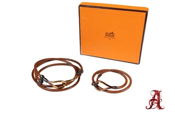 Set Of (2) Hermes Gold Vermeil And Natural Leather Jumbo Hook Double Tour Bracelets With Box Silver-Gilt