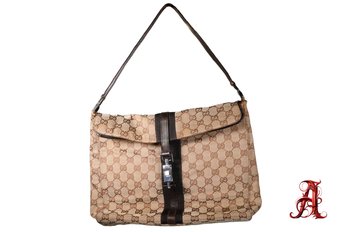 Gucci Brown Leather Tan Monogram Fold Over Jackie Shoulder Bag Handbag Purse Authentic