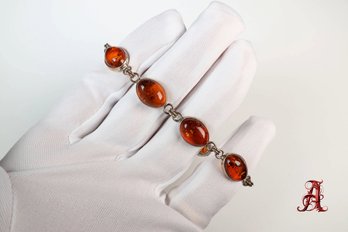 Sterling Silver 925 Amber Bracelet Cabochon Baltic Amber