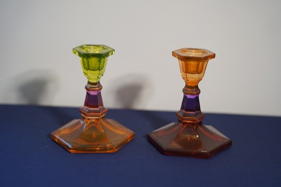 Pair Of Multicolor Art Glass Candlesticks