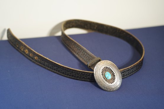 Glamorous Vintage Leather Belt With Sterling Silver And Turquoise Belt Buckle
