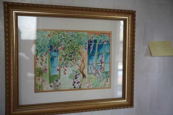 Gold Colored Wood Framed Signed Watercolor Of Plants