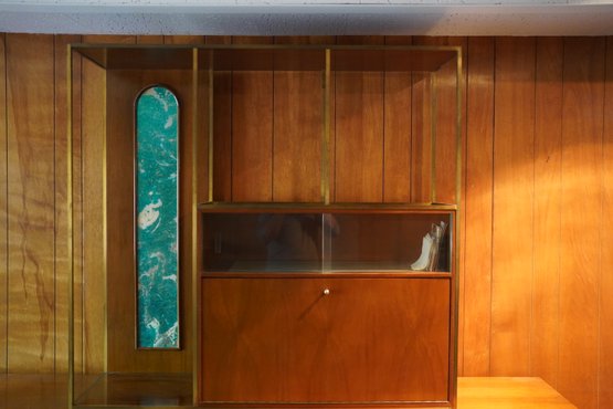 Wonderful Mid-century Modern Stereo Cabinet With Bar Top And Teal Swirl Accent Panels