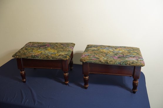 Pair Of Vintage Needlepoint Floral Pattern Top Stools With Storage