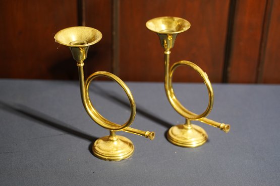 Pair Of Brass French Horn Shaped Candlesticks