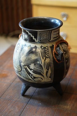 Beautiful Hand Painted American Indian Style Footed Ceramic Vase With Peacock Design