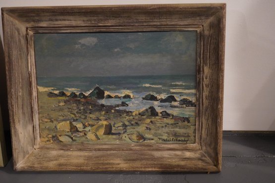 Oil On Canvas Rocky Beach Scenery Signed In Wood Frame, 17.5x13.5 Inches