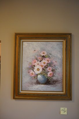 Pink And White Flower Bouquet Oil Painting Signed By Carter, 28x32 Inches