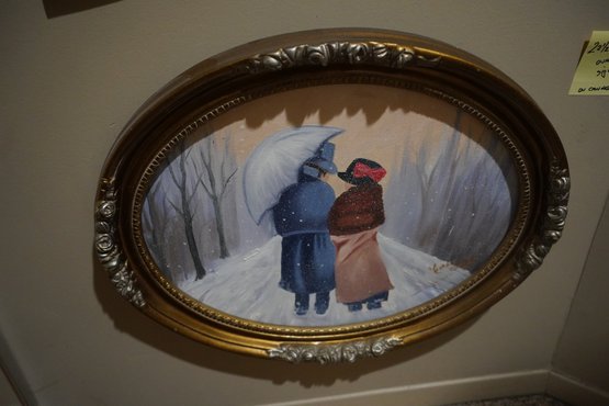 Oval Shape Oil Painting Of Winter Walking Couple Signed Corby Figotti , 22.5x19 Inches