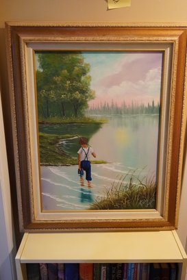 Corby Figotti Kid Fishing Oil Painting, 25.5x31 Inches