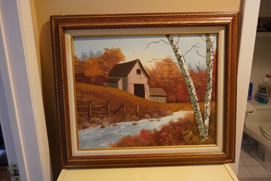Farm House With River View Oil Painting Signed Corby Figotti , 25.5x22 Inches