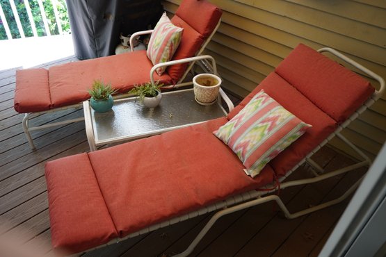 Pair Of Outdoor Lounge Chairs With Glass Top Table