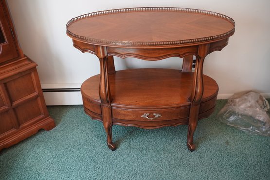 Vintage Wood 2-tier Oval Shaped Side Table With Single Drawer & Metal Border On Top, With Wheels