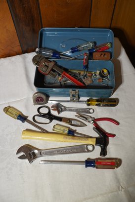 Small Blue Metal Tool Box With Assorted Hand Tool Lot