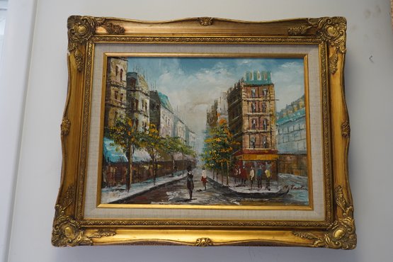 French  City Oil On Canvas Signed Painting, 21.5x17.5 Inches
