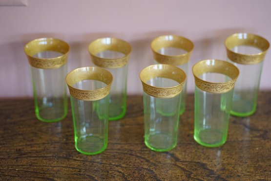 Lot Of 7 Vintage Uranium Glass Cups With Gold Trim