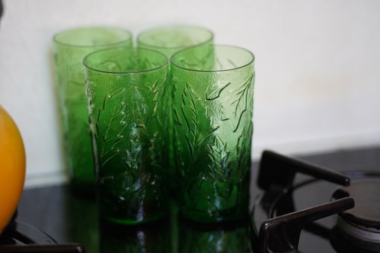 Lot Of 4 Vintage Green Glass Cups With Leaf Pattern