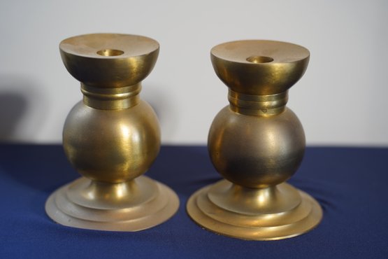 Pair Of Two Brass Round Candlestick Holders