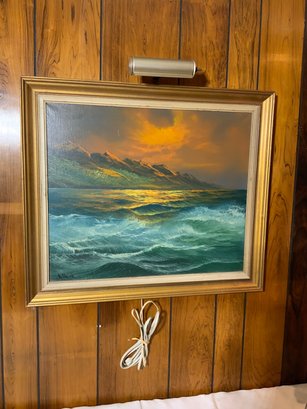 Frame With Light Signed Painting Of Seasacape In Wooden Frame With Light, 28.5x24.5