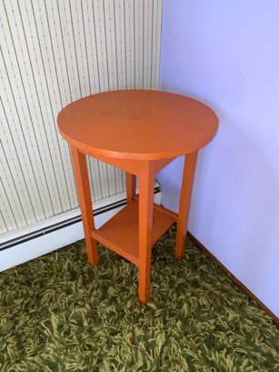 Vintage Orange Painted Wood Round Side Table With Lower Shelf