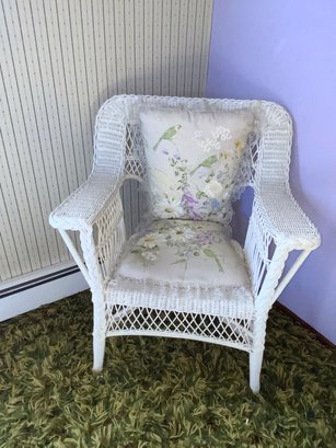 Vintage White Wicker Arm Chair With Floral Cushions