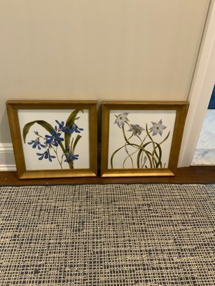 Lot Of 2 Flower Prints In A Gold Wood Frame, 14.5x14.5 Inches