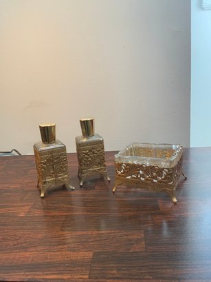 Vintage 3 Piece Gold Gilt Filigree Ormolu Vanity Set,