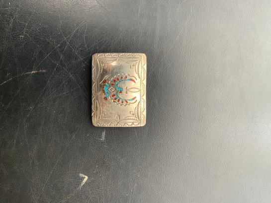 Turquoise And Coral Inlay Mexican Sterling Belt Buckle