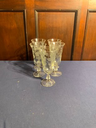 Vintage Floral Etched Cocktail Wine Glasses, Set Of 5