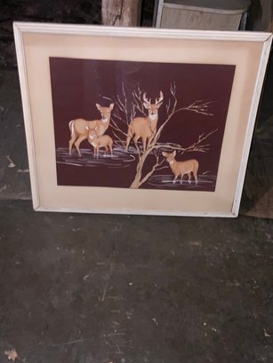 Signed Painting Of Deer By Enila With Wood Frame, 31.5x28.5