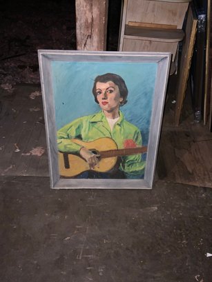 Wood Framed Painting Of Woman Playing Guitar, 20.75x27.75