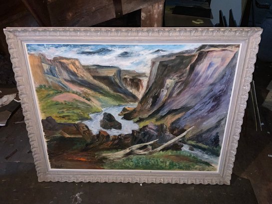 Pleasing Painting Of Canyon And River Signed And Dated By Tomolzu 1956, 54.25x44.5