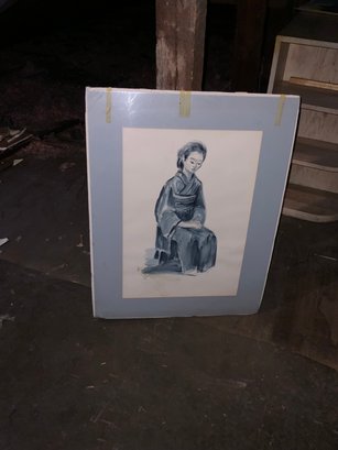 Signed Watercolor Of Geisha Sitting