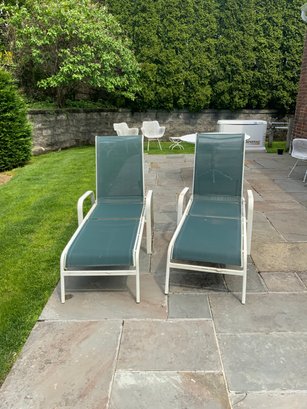 Pair Of Green Colored Reclining Patio Lounge Chairs