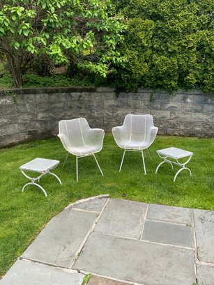 Pair Of Russel Woodward White Metal Chairs With Matching Style Side Tables