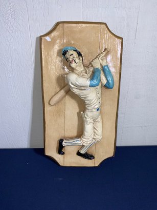 Carved Wood Baseball Player Hanging Art, 12x24 Inches