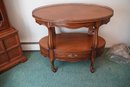 Vintage Wood 2-tier Oval Shaped Side Table With Single Drawer & Metal Border On Top, With Wheels