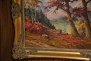 Vintage Oil On Canvas Of Autumn Trees And Mountains In Gold Gilded Frame 55x31