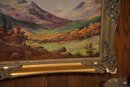 Vintage Oil On Canvas Of Autumn Trees And Mountains In Gold Gilded Frame 55x31