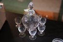 Etched Glass Decanter, Top & 6 Cordial Glasses