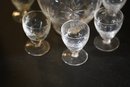 Etched Glass Decanter, Top & 6 Cordial Glasses