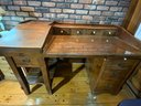 Antique Captains Wood Desk With 8 Drawers, Lower Side Shelf, Storage Cabinet & Removable Glass Top